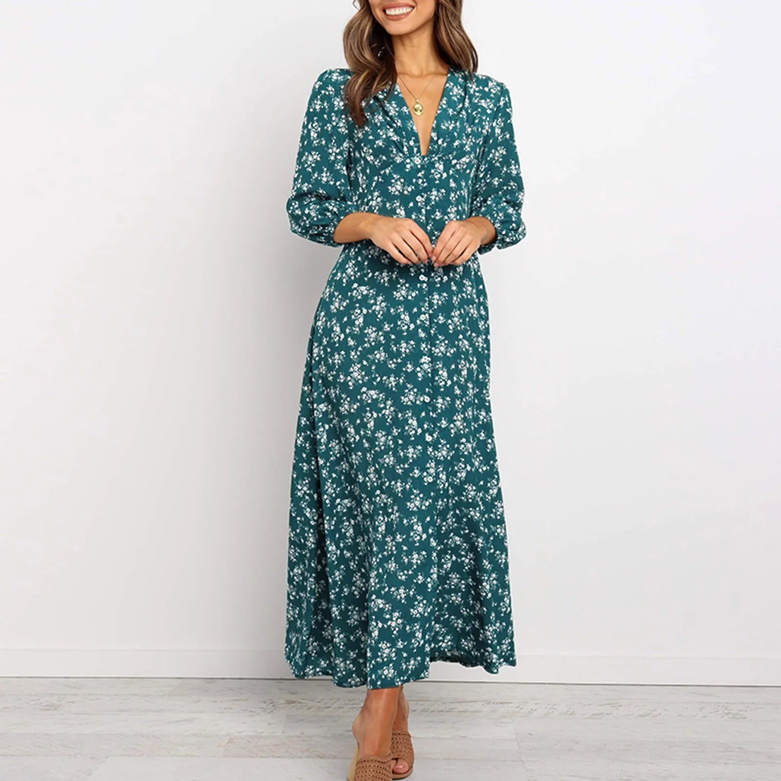 Offer Liquidation V-Neck Long Sleeved High Waisted Chiffon Print Holiday Boho Dress