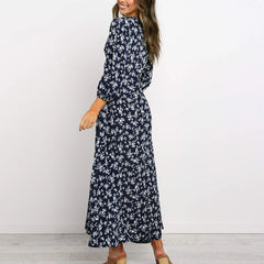 Offer Liquidation V-Neck Long Sleeved High Waisted Chiffon Print Holiday Boho Dress