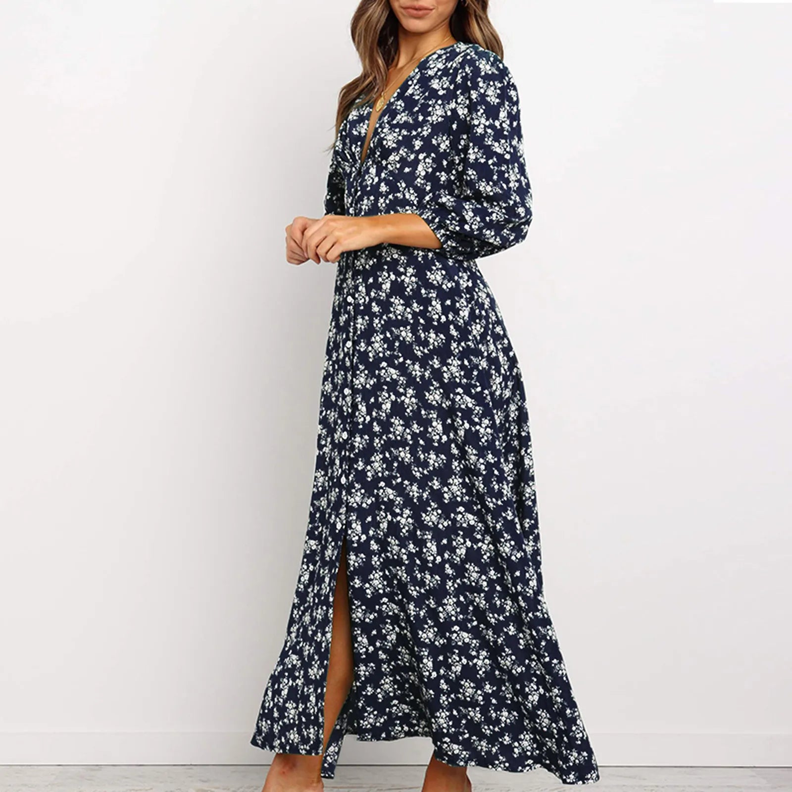 Offer Liquidation V-Neck Long Sleeved High Waisted Chiffon Print Holiday Boho Dress