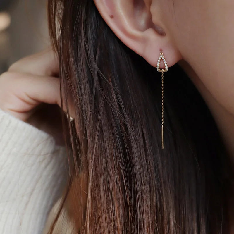 Ear Line Long Hanging Rose Gold Zircon Crystal Piercing Threader Earring