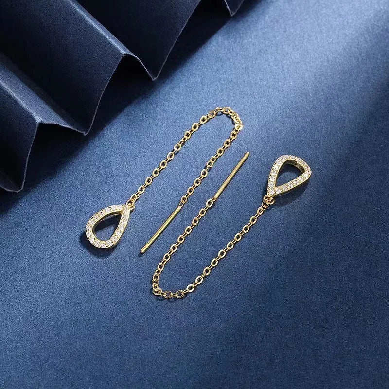 Ear Line Long Hanging Rose Gold Zircon Crystal Piercing Threader Earring