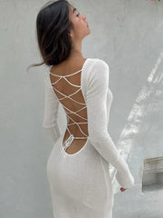 Lace Up Backless Long Sleeve Party Elegant Clothes Birthday Outfit Fall Autumn Maxi Dress Women
