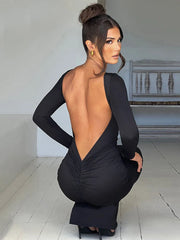 Long Sleeve Backless Ruched Party Birthday Evening Outfits Spring Summer Maxi Dress Women