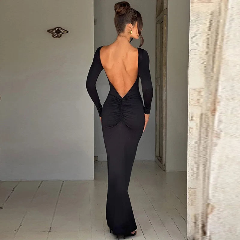 Long Sleeve Backless Ruched Party Birthday Evening Outfits Spring Summer Maxi Dress Women