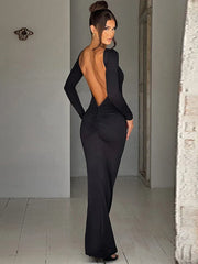 Long Sleeve Backless Ruched Party Birthday Evening Outfits Spring Summer Maxi Dress Women