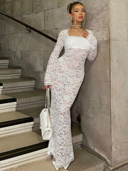 Sleeve See Through Black Sheer Midi Party Club Streetwear Y2K Maxi Dress Women