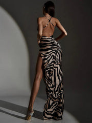 Zebra Print Side Slit Patchwork Backless Sexy Party Club Summer Maxi Dress Women