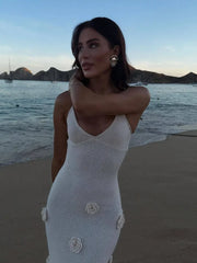 Knitted Beach 3D Floral Slim Strap Backless Fashion Party White Long Summer Evening Maxi Dress