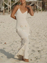 Knitted Beach 3D Floral Slim Strap Backless Fashion Party White Long Summer Evening Maxi Dress