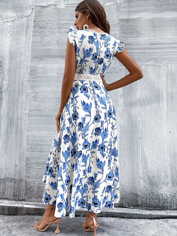 Lace Stitching Floral Print Hollow Beach Long Dress