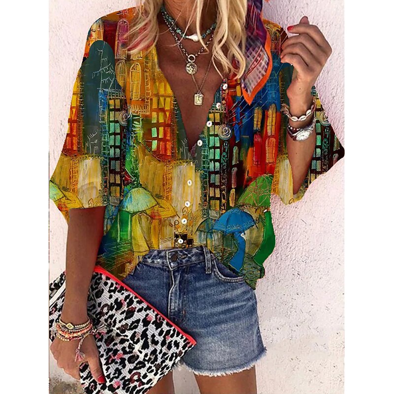 Elegant Loose Abstraction Print Shirt