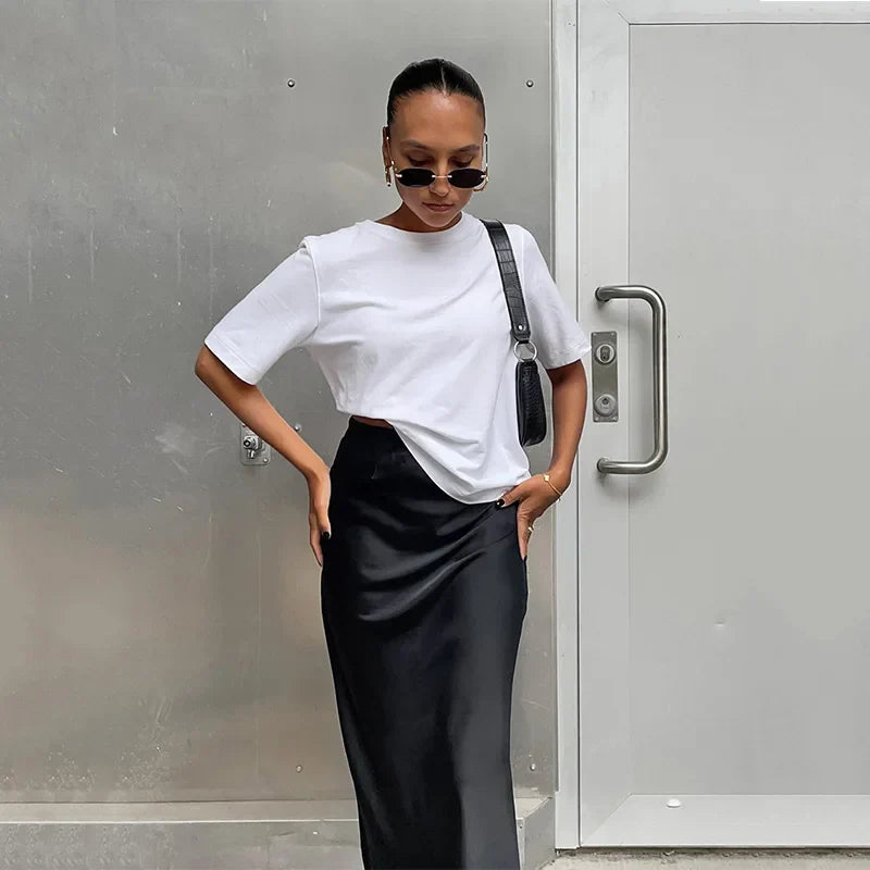 Satin Black Trumpet Fashion Office Long Skirt