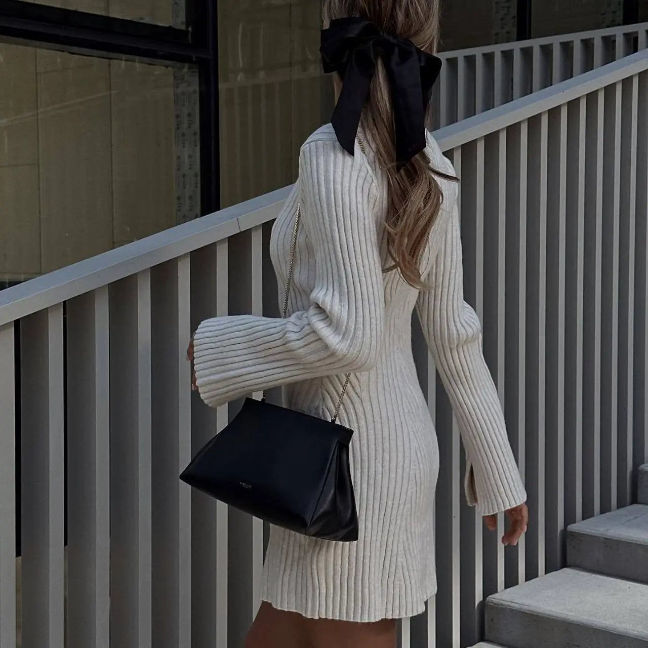 Knit Autumn Winter Long Sleeve Slim White Christmas Club Party Mini Dress
