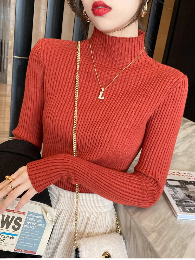 Solid Basic Knitted Turtleneck Long Sleeve Casual Slim Pullover Sweater
