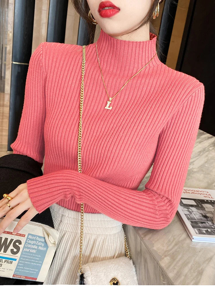 Solid Basic Knitted Turtleneck Long Sleeve Casual Slim Pullover Sweater