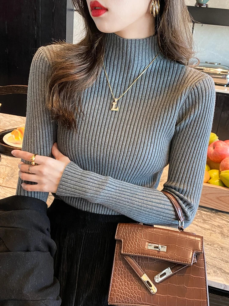 Solid Basic Knitted Turtleneck Long Sleeve Casual Slim Pullover Sweater