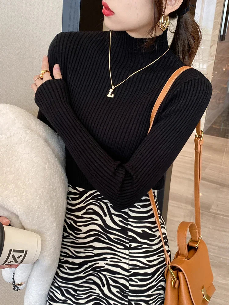 Solid Basic Knitted Turtleneck Long Sleeve Casual Slim Pullover Sweater
