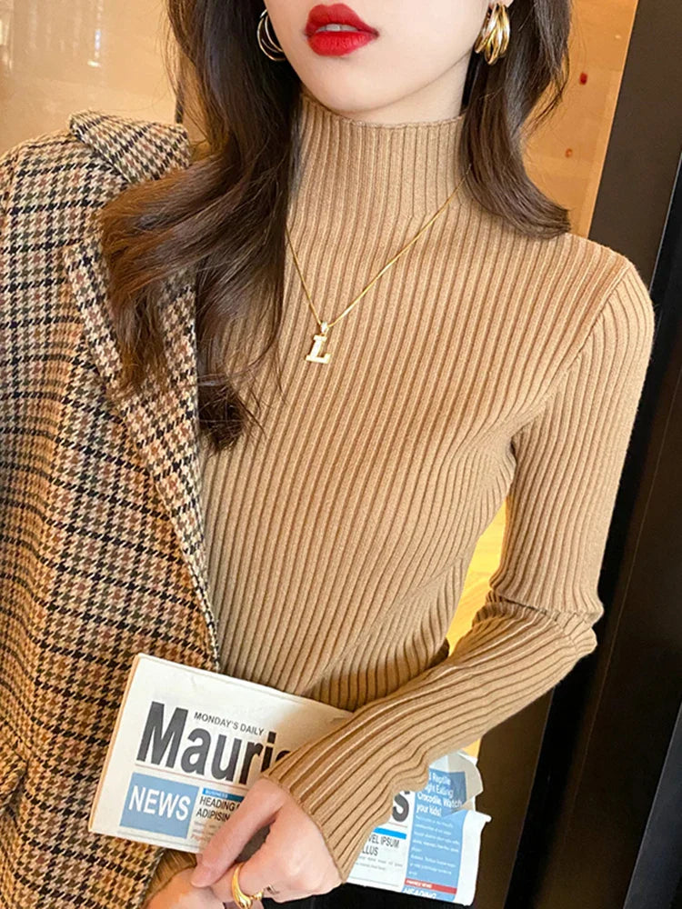 Solid Basic Knitted Turtleneck Long Sleeve Casual Slim Pullover Sweater