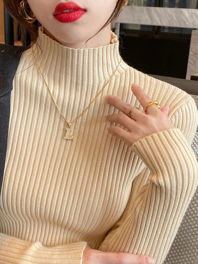 Solid Basic Knitted Turtleneck Long Sleeve Casual Slim Pullover Sweater