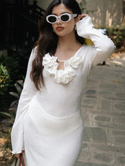 White Flower V-neck Ruffles Split Slim Female Maxi Dress