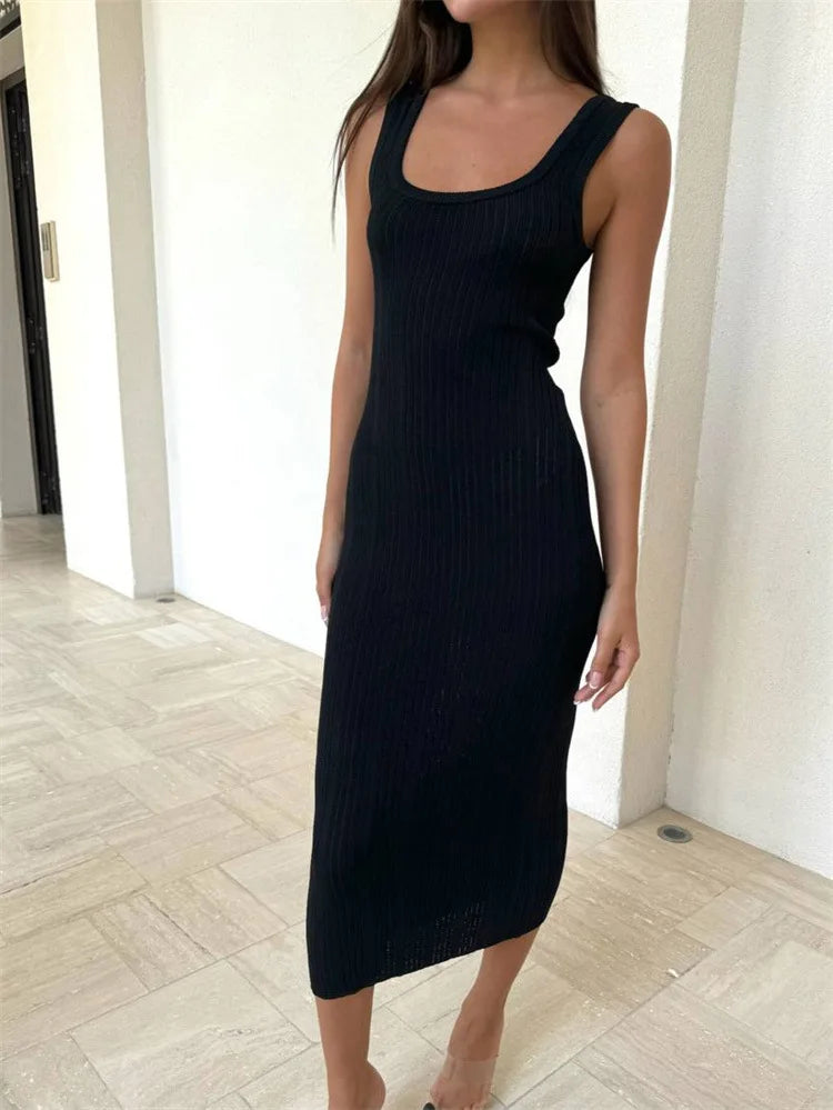 White Knitted Summer Fashion Square Colloar Sleeveless Bodycon Party Lady Casual Midi Dress