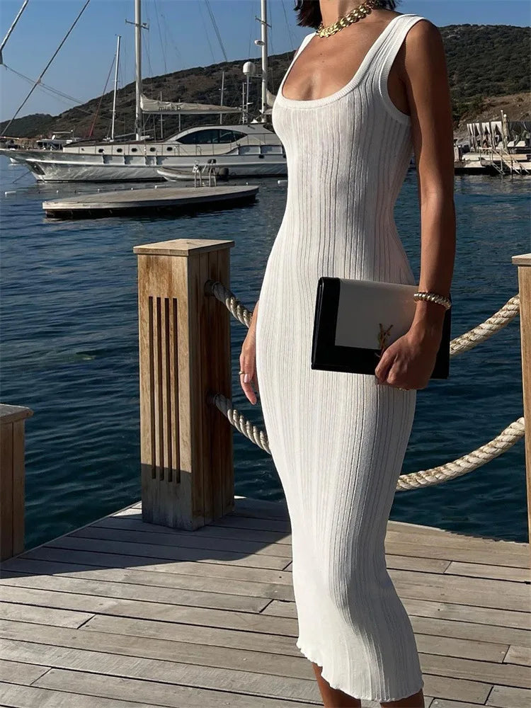 White Knitted Summer Fashion Square Colloar Sleeveless Bodycon Party Lady Casual Midi Dress