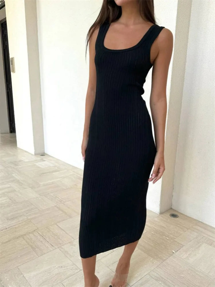 White Knitted Summer Fashion Square Colloar Sleeveless Bodycon Party Lady Casual Midi Dress