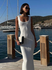 White Knitted Summer Fashion Square Colloar Sleeveless Bodycon Party Lady Casual Midi Dress
