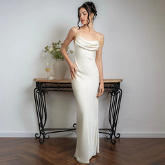White Satin Sexy Spaghetti Straps Backless Fashionable V-neck Stylish Maxi Dress