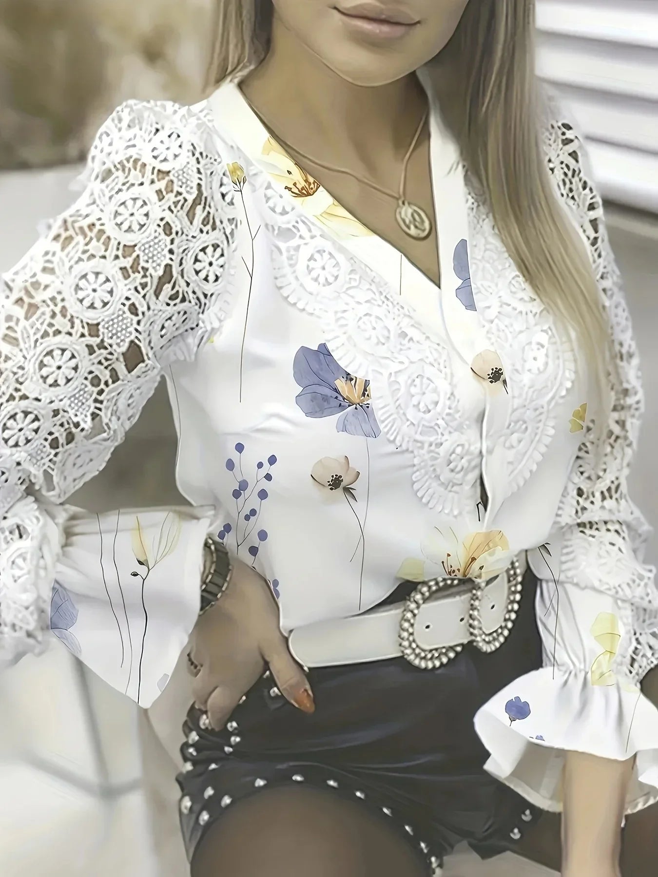 Casual White Long Sleeve Lace Hollow Turtleneck Fashion Pullovers Blouse
