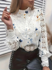 Casual White Long Sleeve Lace Hollow Turtleneck Fashion Pullovers Blouse