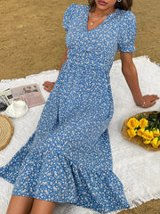 Elegant Blue V Neck Casual Summer Beach Boho Dress