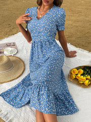 Elegant Blue V Neck Casual Summer Beach Boho Dress