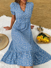Elegant Blue V Neck Casual Summer Beach Boho Dress