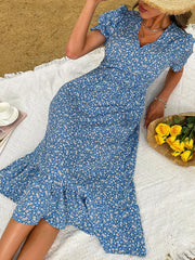 Elegant Blue V Neck Casual Summer Beach Boho Dress