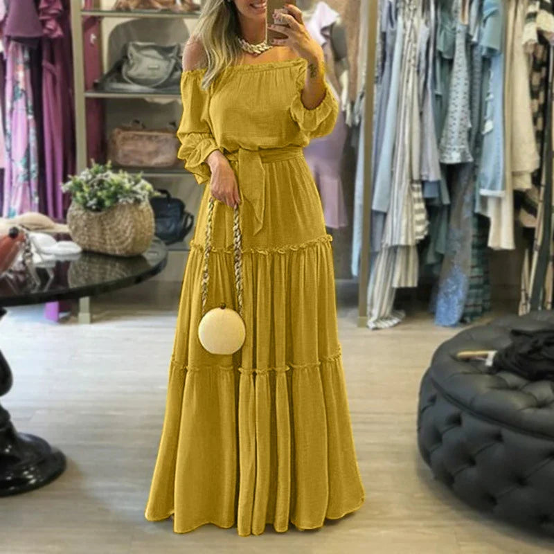Ethnic Printed Slash Neck Pleated Boho Dress