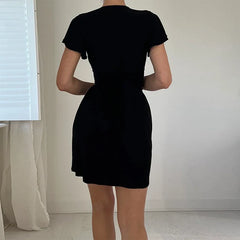 Europe The United States Fashion Solid Color Tight Collection Hip Short Sleeved Slim Evening Party Mini Dress