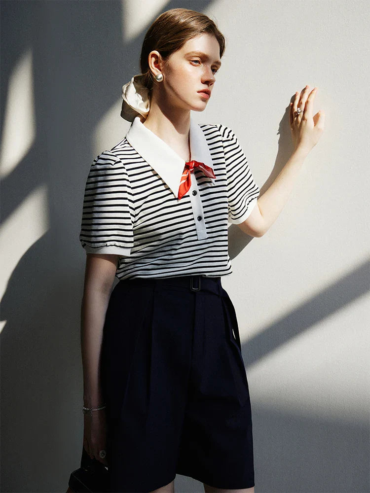 Polo Neck Color Stripe Casual Summer Short Sleeve T-shirt
