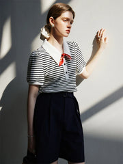 Polo Neck Color Stripe Casual Summer Short Sleeve T-shirt