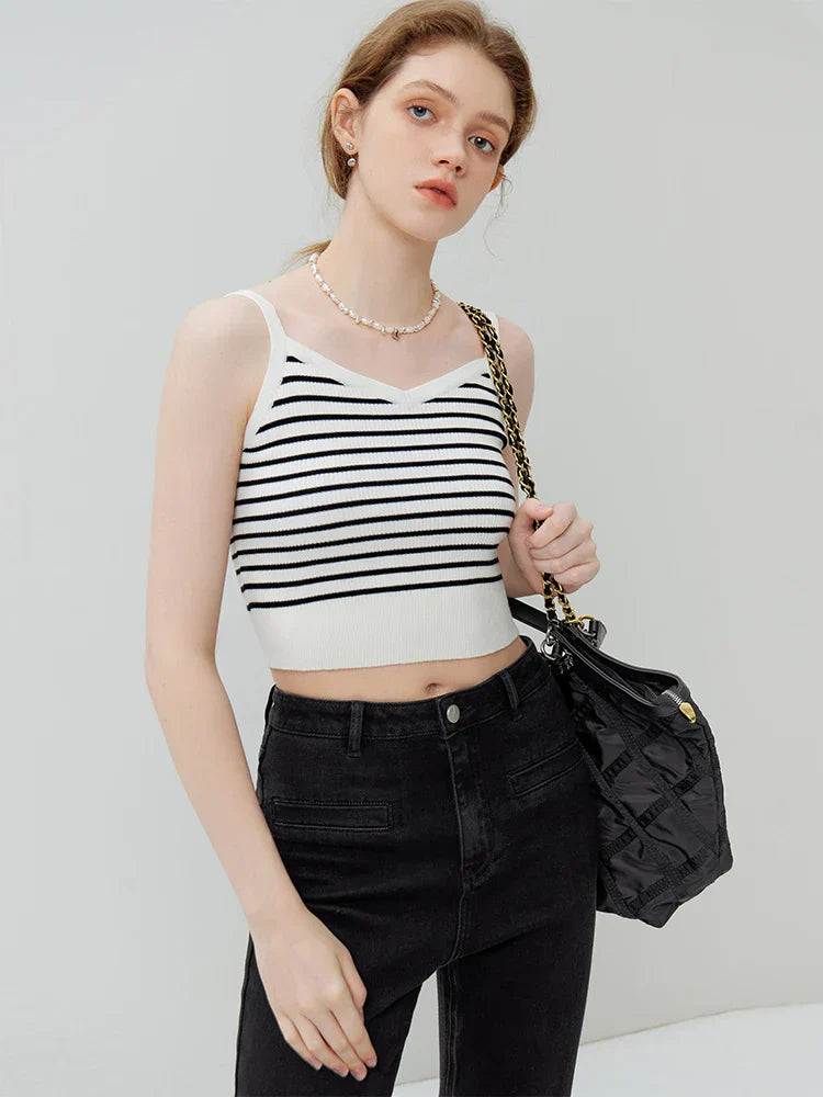 Retro Style Striped Camisole Autumn Sleeveless Knitted Top Tank Top