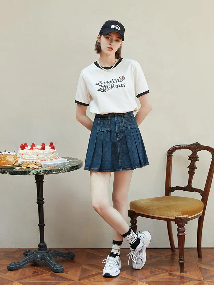 American Retro Creative Print Contrast Color Short-Sleeved Cotton Tee for Round Neck Letter T-shirt