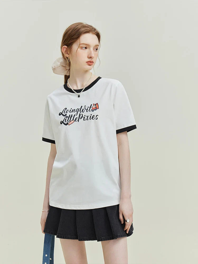 American Retro Creative Print Contrast Color Short-Sleeved Cotton Tee for Round Neck Letter T-shirt