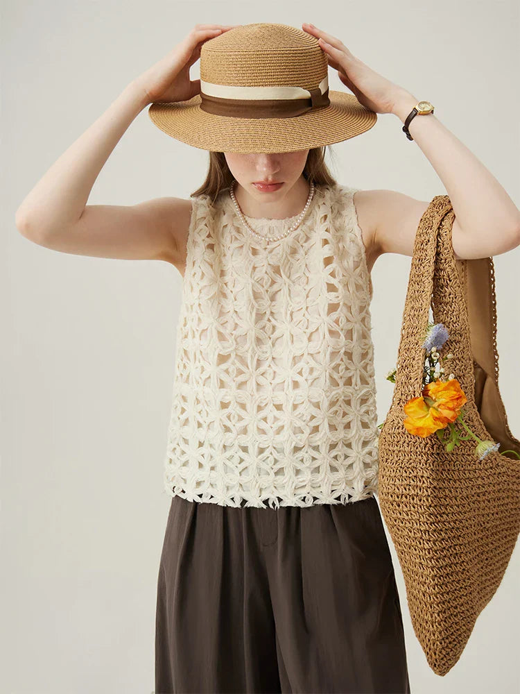 French Oatmeal Color Hollow Top Three-dimensional Flower Embroidery Sleeveless Vest Tank Top