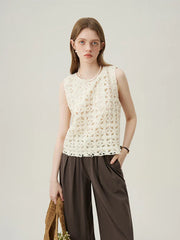 French Oatmeal Color Hollow Top Three-dimensional Flower Embroidery Sleeveless Vest Tank Top