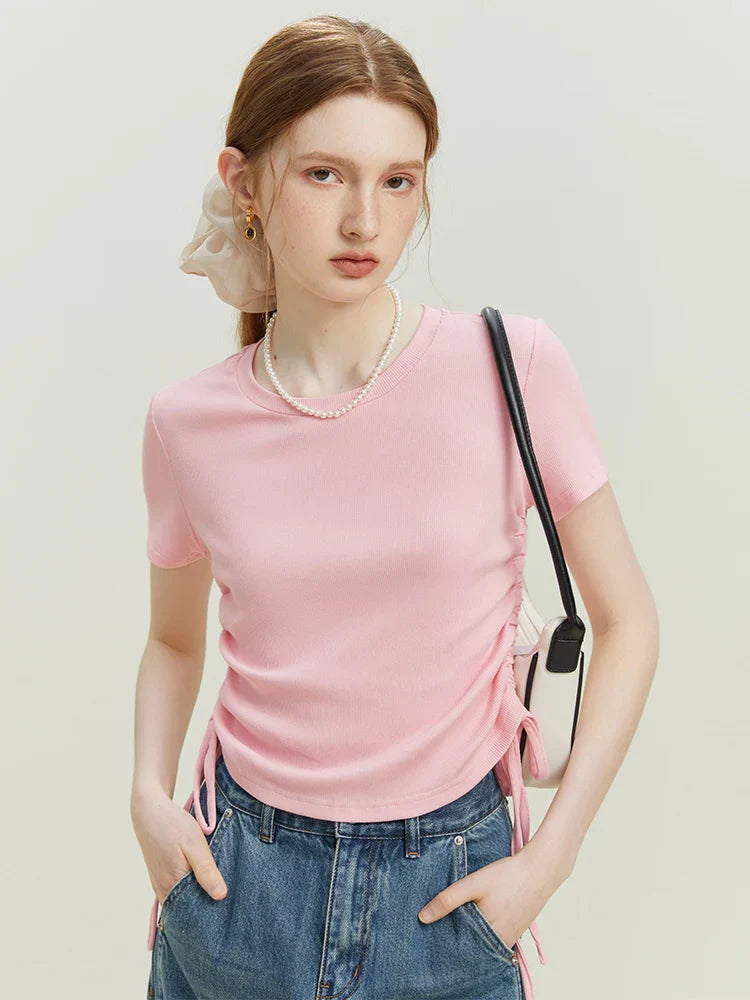 Knitted Summer Girl Short Fit Black Pink WomenShort Sleeve T-shirt