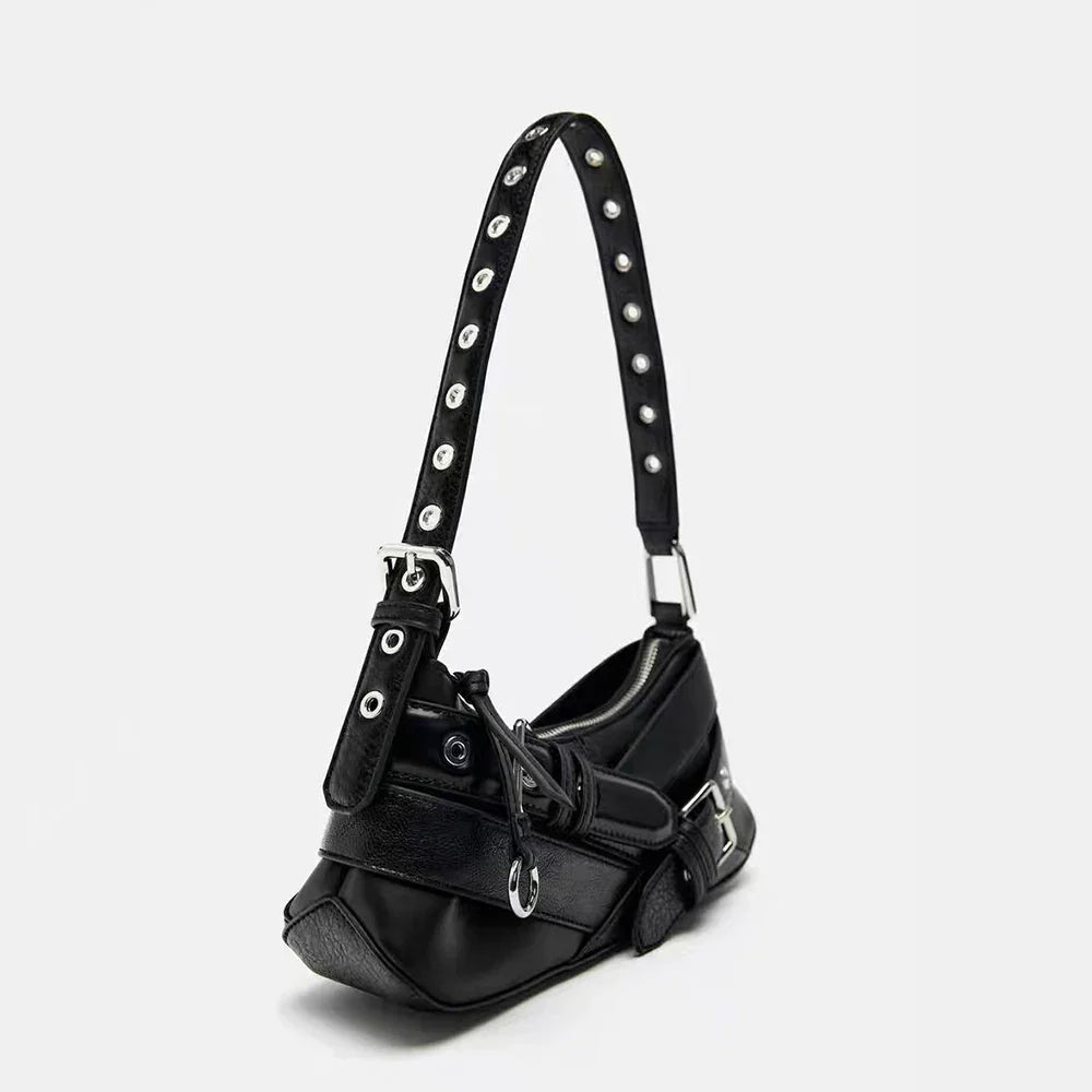 Goth Y2K Black Punk Rivet Chain School PU Leather Skeleton Fashion Backpack Bag