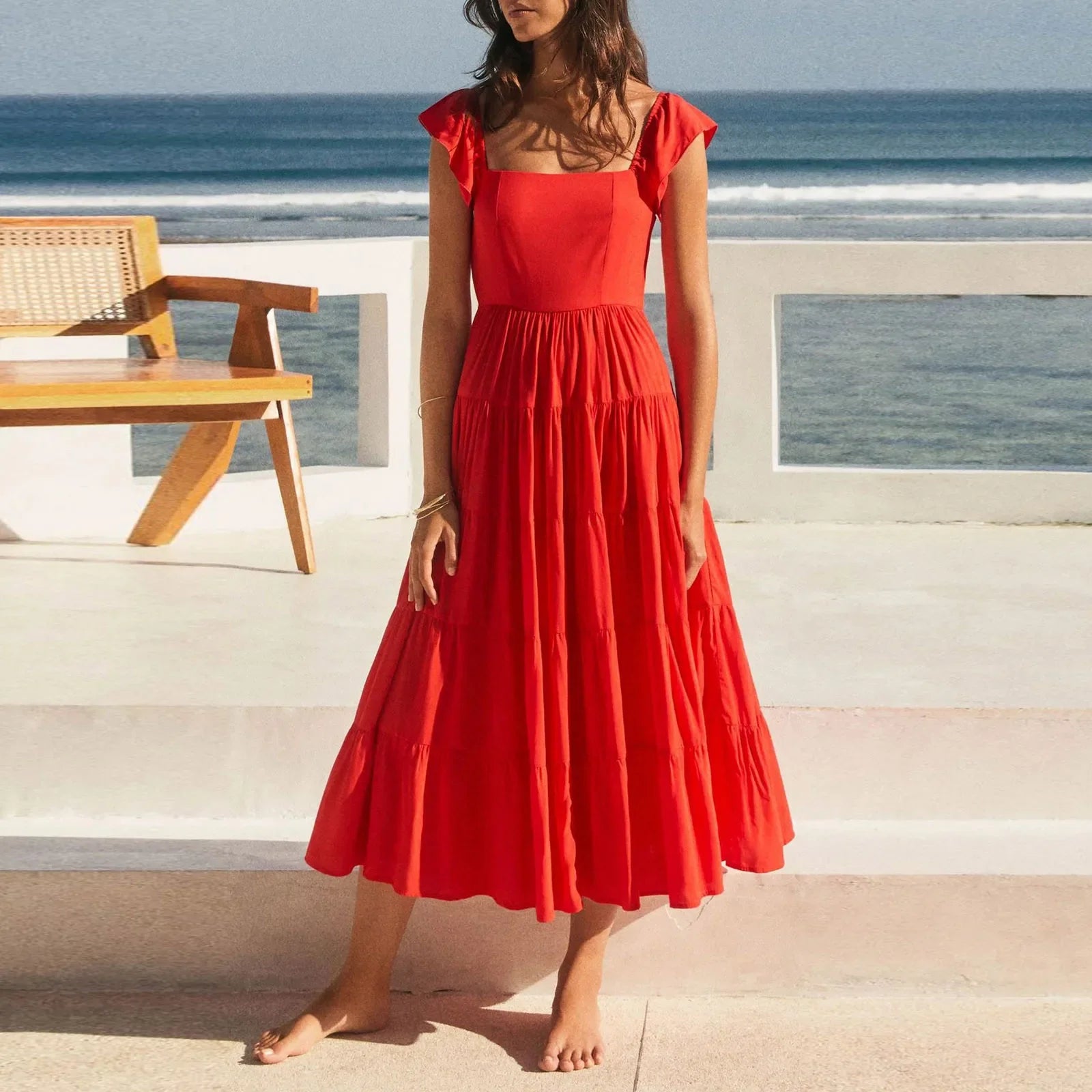 Vintage Backless Wide Ruffles Straps Female Fashion Casual Sleeveless Plaid Vacation Beach Sun Dress