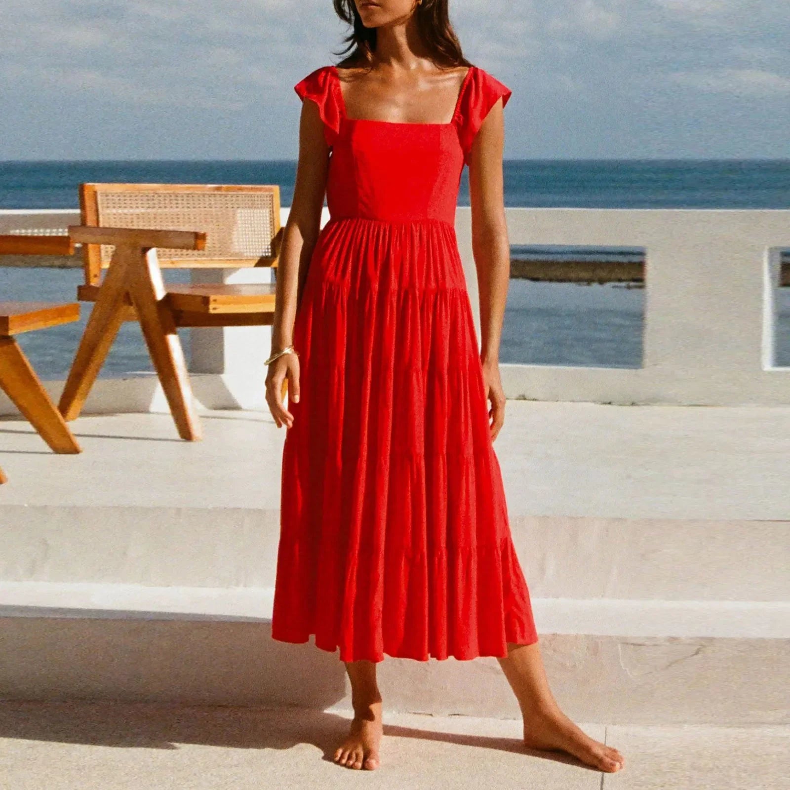 Vintage Backless Wide Ruffles Straps Female Fashion Casual Sleeveless Plaid Vacation Beach Sun Dress