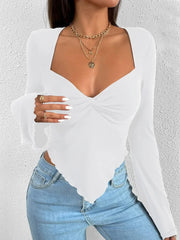 Fashion Summer Flare Long Sleeve V-neck Irregular Hem Crop Streetwear Top WomenWhite Slim Corset T-shirt