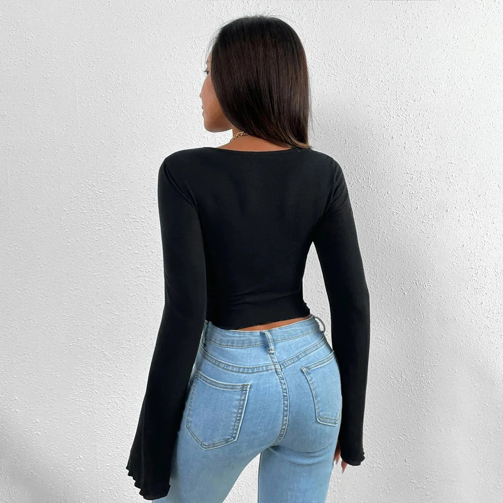Fashion Summer Flare Long Sleeve V-neck Irregular Hem Crop Streetwear Top WomenWhite Slim Corset T-shirt